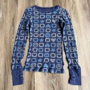 Y2K Arizona Blue Peace Heart Star Thermal Long Sleeve Grunge Top Thumbholes S
